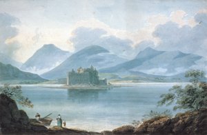 Vista attraverso Loch Awe, Argyllshire, verso il Castello di Kilchurn e le montagne oltre